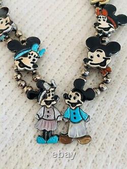 Collier en argent sterling Disney Mickey Minnie signé par Andrea Lonjose, Zuni amérindien