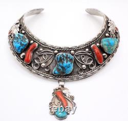 Collier en turquoise, corail et argent sterling de W. Dodson, attr. Navajo ancien