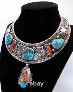Collier en turquoise, corail et argent sterling de W. Dodson, attr. Navajo ancien