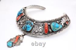 Collier en turquoise, corail et argent sterling de W. Dodson, attr. Navajo ancien