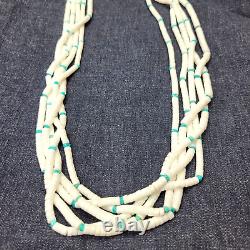 Collier traditionnel Navajo amérindien à 5 rangées de perles en turquoise et heishi blanches