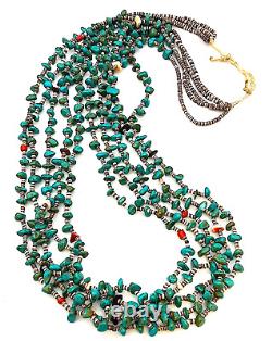 Collier vintage en perles heishi à cinq rangs en turquoise et corail des premiers Navajos