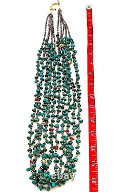 Collier vintage en perles heishi à cinq rangs en turquoise et corail des premiers Navajos