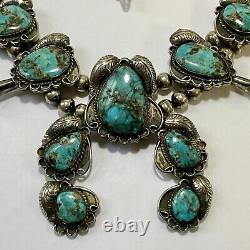 Collier vintage en turquoise et argent sterling de Navajo indien des débuts avec fleurs de courge