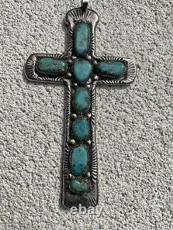 Croix Zuni BIG signée Horace Iule avec pierre gemme turquoise en argent sterling Old Pawn