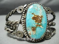 Début 1900 Vintage Navajo Turquoise Coiled Sterling Bracelet Argent Vieux