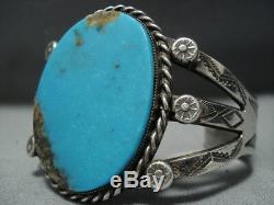 Début Des Années 1900 Vintage Navajo Bleu Gem Turquoise Bracelet En Argent Sterling Vieux