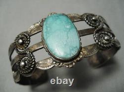 Début Des Années 1900 Vintage Navajo Carico Lac Turquoise Bracelet En Argent Sterling Vieux
