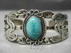 Début Des Années 1900 Vintage Navajo Carico Lake Turquoise Sterling Silver Bracelet Old