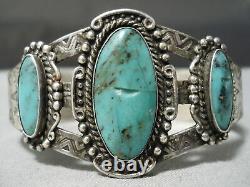 Début Des Années 1900 Vintage Navajo Cerrillos Turquoise Sterling Silver Bracelet Old