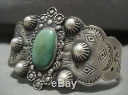 Début Des Années 1900 Vintage Navajo Repouse Bracelet En Argent Sterling Cerrillos Turquoise