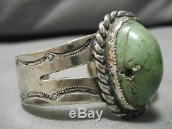 Début Des Années 1900 Vintage Navajo Vert Turquoise Bracelet En Argent Sterling Vieux