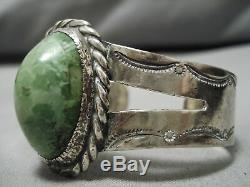 Début Des Années 1900 Vintage Navajo Vert Turquoise Bracelet En Argent Sterling Vieux