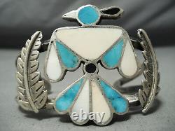 Début Et Détaillée Vintage Navajo Turquoise Aigle Bracelet En Argent Sterling