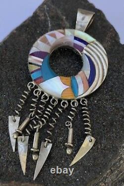 Début Zuni Sterling Silver Multi Stone Turquoise Coral Inlay Dangle Long Pendentif