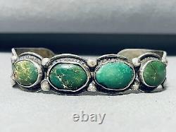 Début des années 1900 Bracelet vintage en argent sterling et turquoise verte Navajo très rare