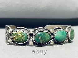 Début des années 1900 Bracelet vintage en argent sterling et turquoise verte Navajo très rare