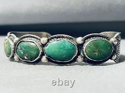 Début des années 1900 Bracelet vintage en argent sterling et turquoise verte Navajo très rare