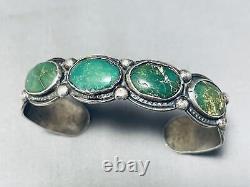 Début des années 1900 Bracelet vintage en argent sterling et turquoise verte Navajo très rare