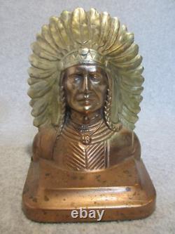 Début des années 1900 PARE-BOOKS EN BRONZE SITTING BULL PAIRE CHEF INDIEN AMÉRICAIN SIOUX