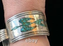 Early 60-70s Sterling Turquoise $ Chip Inlay Bracelet De Montre Cuff