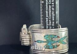 Early 60-70s Sterling Turquoise $ Chip Inlay Bracelet De Montre Cuff