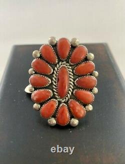 Early Alice Quam Lg Coral Sterling Ring Cluster Zuni Signed, Original Tag 13.4 G