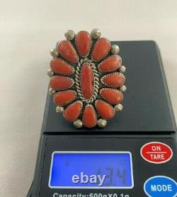 Early Alice Quam Lg Coral Sterling Ring Cluster Zuni Signed, Original Tag 13.4 G