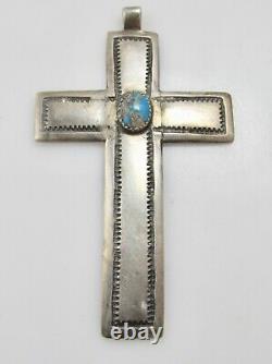 Early Coin Argent Turquoise Pendentif Croix Lingot Main Amérindien Navajo