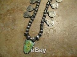 Early Hand Made Navajo Sterling Turquoise Buffalo Nickel Squash Collier Fleur