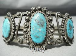 Early Heavy Vintage Navajo Turquoise Sterling Silver Swirl Bracelet Vieux