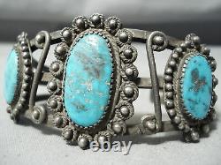 Early Heavy Vintage Navajo Turquoise Sterling Silver Swirl Bracelet Vieux