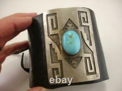 Early Hopi Bow Guard Ketoh Bracelet Cuir Turquoise Sterling Stone Silver Huge