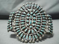 Early Huge Vintage Zuni Navajo Turquoise Sterling Silver Cluster Bracelet
