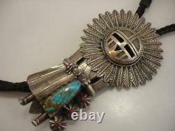 Early Large Sterling Silver Turquoise Coral Sun Kachina Bolo Tie Etats-unis Made Navajo