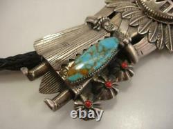 Early Large Sterling Silver Turquoise Coral Sun Kachina Bolo Tie Etats-unis Made Navajo