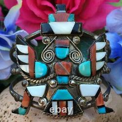 Early Monumental Native American Zuni Turquoise Spiny Oyster Onyx Cuff Bracelet