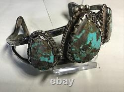Early Native American 3 Stone Turquoise Sterling Cuff Bracelet