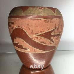 Early Native American San Ildefonso Red Ware Pottery Avanyu Serpent Vase Vessel