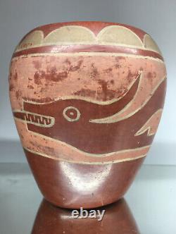 Early Native American San Ildefonso Red Ware Pottery Avanyu Serpent Vase Vessel