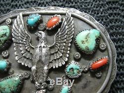 Early Native Argent Sterling Turquoise Coral Eagle Boucle De Ceinture! Ancien! 82g