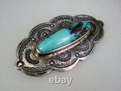 Early Navajo Sterling Silver & Stormy Mountain Turquoise Pin Brooch