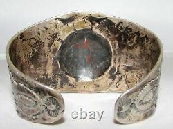 Early Navajo Tourist Era Coin Silver Large Cuff Bracelet Whirling Logs Flèches