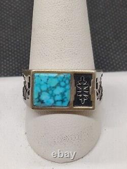 Early Navajo Vintage Sterling Silver Turquoise Anneau Avec Timbres Taille 12