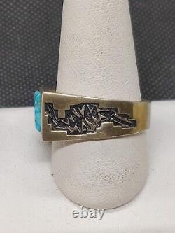 Early Navajo Vintage Sterling Silver Turquoise Anneau Avec Timbres Taille 12