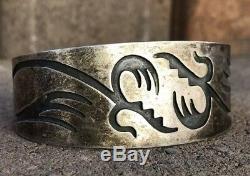 Early Old Hopi En Argent Sterling Overlay Tribal Design Large Bracelet