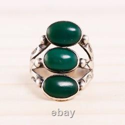 Early Old Pawn Sterling Green Turquoise Arrow Timbres Rain Drop 3 Stone Ring 5,25