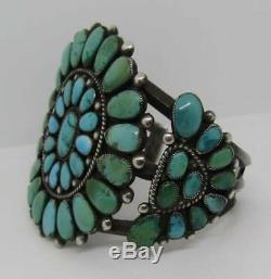 Early Old Pawn Zuni Turquoise Sterling Cluster Bracelet Signé Robert