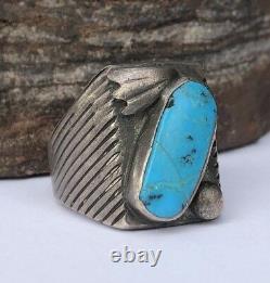 Early Pawn Navajo Stamped Sterling Silver Blue Morenci Turquoise Mens Ring Sz 9