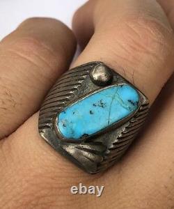 Early Pawn Navajo Stamped Sterling Silver Blue Morenci Turquoise Mens Ring Sz 9
